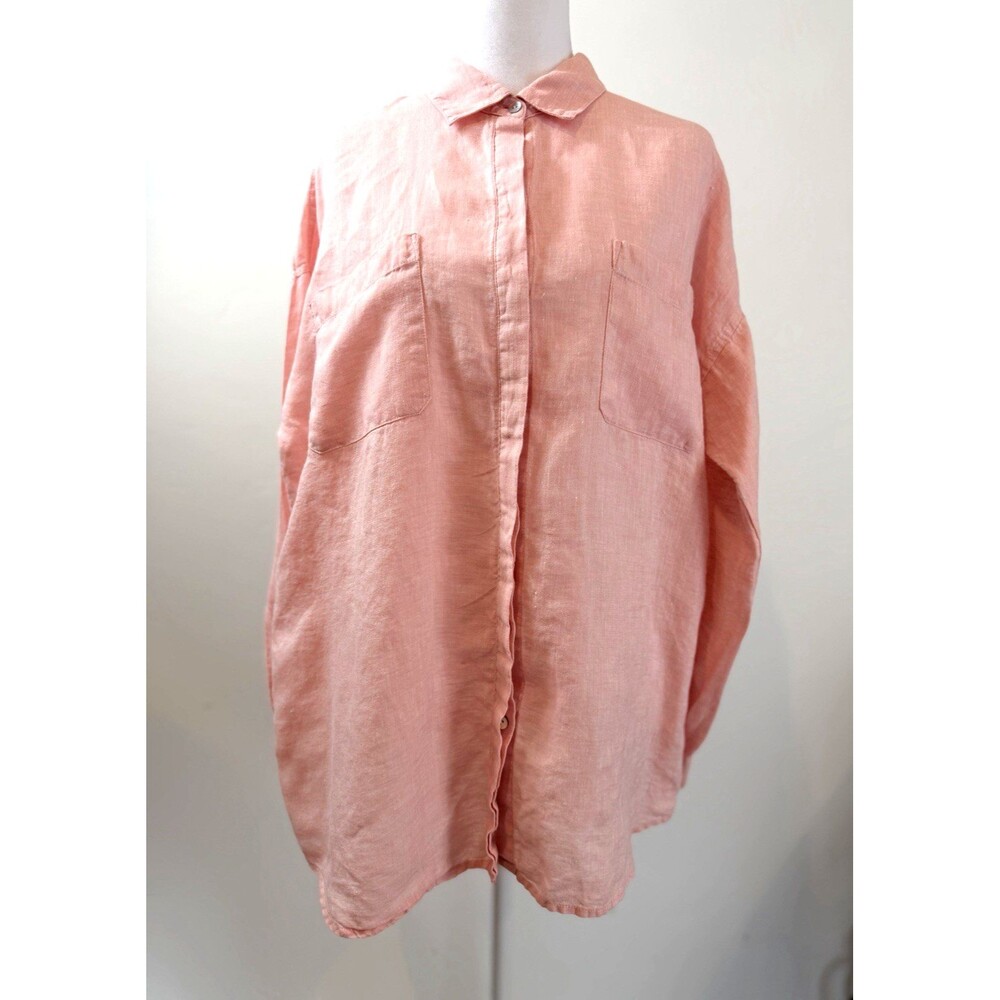 J.Jill Love Linen Button Front Shirt Womens M Pink 100% Linen Tunic Blouse